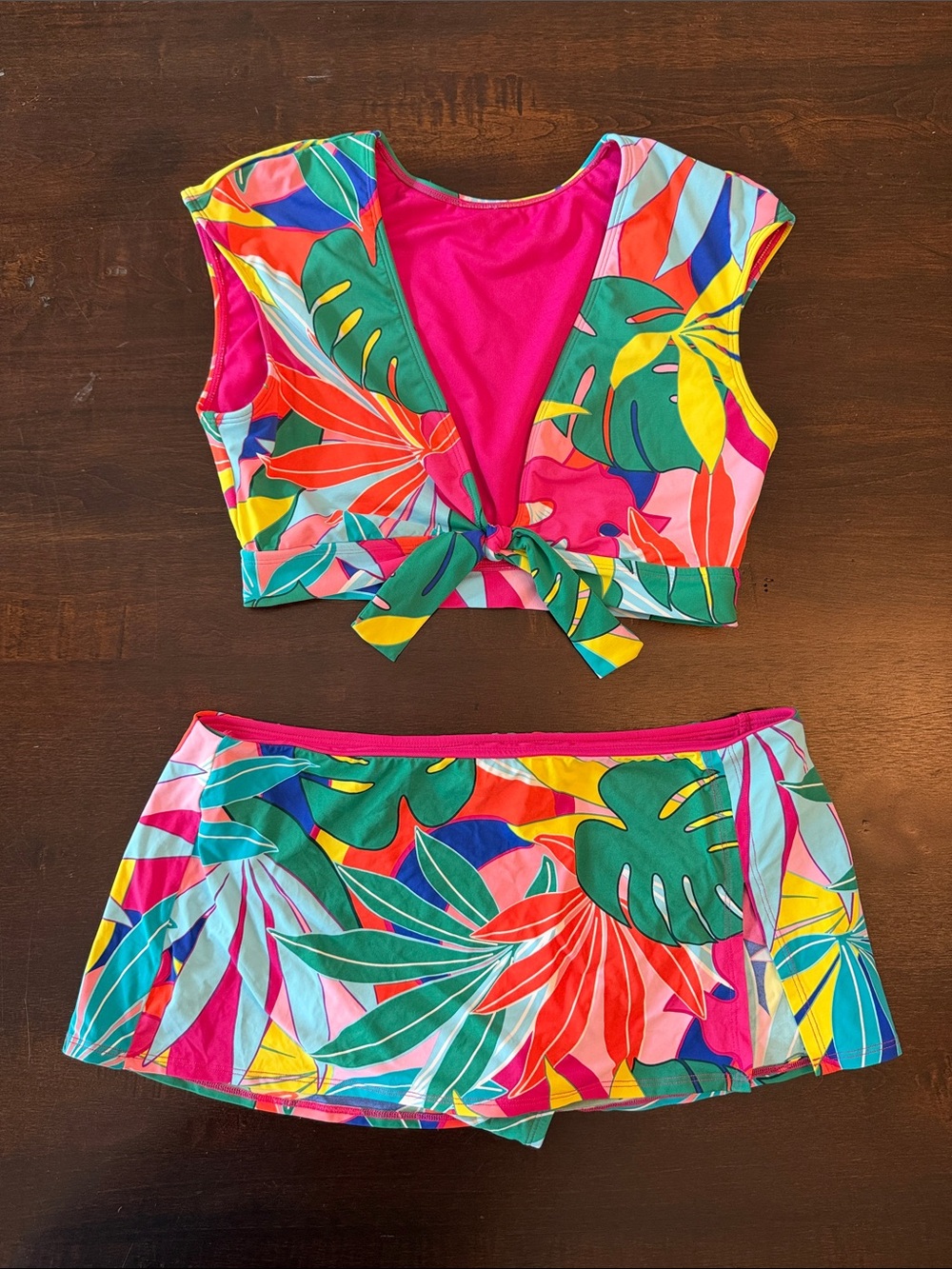 Woman’s Tropical Print Pink Tie-Front Swim Top & Skirt Set
